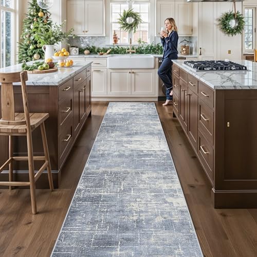 Washable Abstract 14ft Runner Rug: Non-Slip Low-Pile Rug Runner Soft Beside Carpet Indoor Farmhouse Entryway Floor Mat Bathroom Living Room Stain Resistant Area Rugs Cozy Home Decor(2'6x14,Blue/ivory) by HYHAOYUNLAI