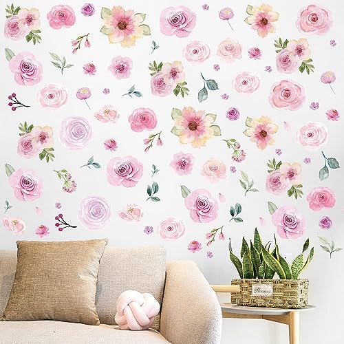 AOWDIAO 60 Pcs Flower Peel and Stick Wall Decals Watercolor Vinyl Peony Floral and Leaves Wall Stickers Pastel Flower Decor for Girls Bedroom Nursery Classroom Living Room - Image 2