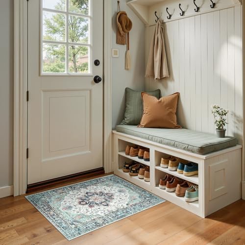 RELEANY Washable Area Rug, Small 2'x3', Teal Green/White/Navy - Image 5