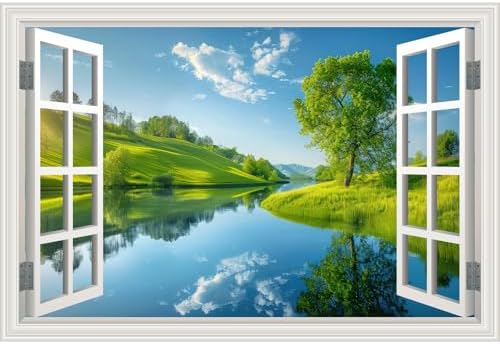 Fake Window Wall Decal- Lake Green Tree Grassland Open Wall Art Sticker | Faux Window Natural Scenery Landscape Mural｜ Stick and Peel Wall Decals｜for Room Bedroom Office Decor｜48"x32",Set of 2 Sheets by Clickhere