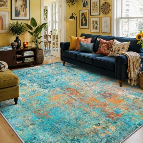 RELEANY Washable 6'x9' Abstract Area Rug for Living Room Teal Multi by RELEANY