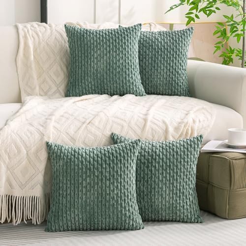 Set of 4 Teal Green Decorative Throw Pillow Covers 18x18 Inch Corduroy Pillow Covers for Bed Couch Sofa Living Room Soft Square Cushion Cases - Image 3