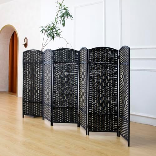 6-Panel Short Room Divider, 3.9 ft Freestanding Partition Wall, Natural Black Rattan Double-Sided Folding Screen for Living Room, Bedroom & Corner Privacy - Image 2