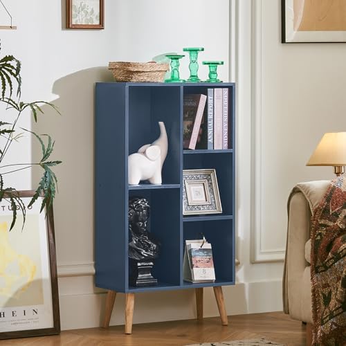 LEYAOYAO 5 Cube Bookshelf,Mid-Century Modern Book Shelf with Legs,Dark Blue - Image 6