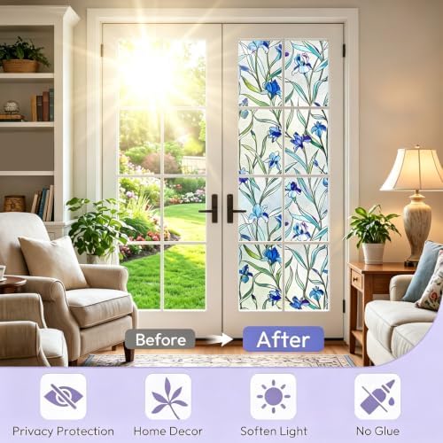 Coavas Window Privacy Film: Stained Glass Window Film Decorative 3D Violets Faux Stained Glass Static Cling Non Adhesive Stickers Sun Heat Blocking for Room Door,Purple, 23.6 x 35.4 Inch - Image 2