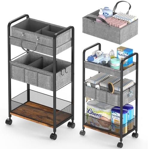 LIDTOP 2In1 Baby Diaper Caddy & 3-Tier Rolling Diaper Cart, Diaper Caddy Organizer Cart with Dividers, Mobile Metal Utility Cart for Nursery Essentials, Detachable Bedside Cart, Large Capacity by LIDTOP