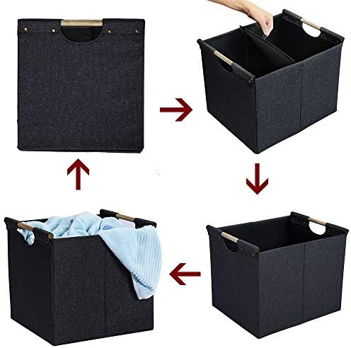 HOONEX Large Collapsible Storage Bins, Linen Fabric, 2 Pack, Storage Baskets with Wooden Carry Handles and Sturdy Heavy Cardboard, for Home, Office, Car, Nursery, Dark Grey - Image 5