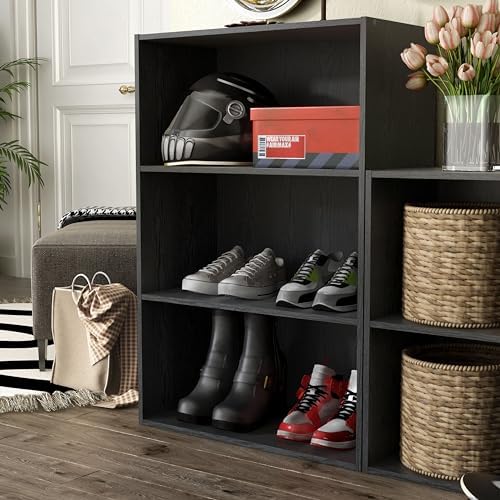 Homes: Inside + Out Apexa 3-Tier Cube Storage Organizer Shelves, Stackable Wood Bookcase Fits Cubby Bins for Organization, Dorm Teen Room Decor & Home Office, Black - Image 2
