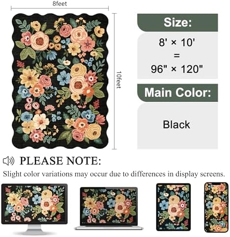 DUKINO 8x10 Area Rug for Living Room, Floral Washable Rug Non Slip, Black - Image 2