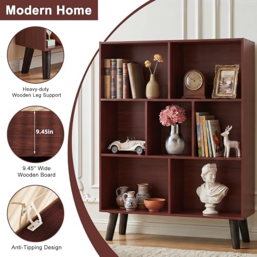 YAHARBO Walnut Bookshelf,3 Tier Book Shelf with Legs, 7 Cube Minimalist Bookcase,Storage Organizer Shelves Display Bookcases for Bedroom,Living Room - Image 5