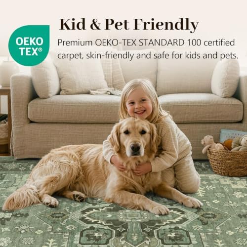 4x6 Ft Area Rugs for Living Room, Soft Non-Slip Machine Washable Rug, Vintage Stain Resistant Carpets for Bedroom Nursery Dining Room Home Decor (Green) - Image 5