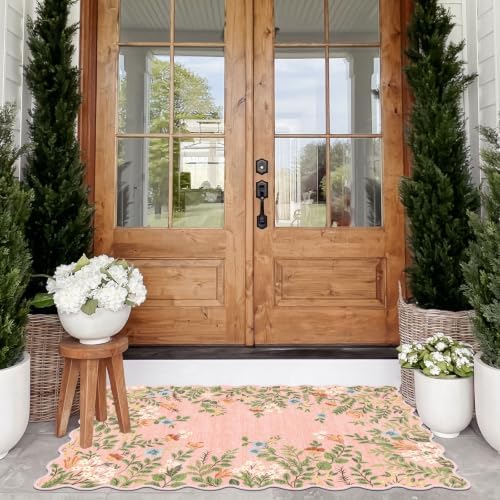 Front Door Mat Outside Entrance, 28"x43" Pink Floral Scalloped Rug - Image 4