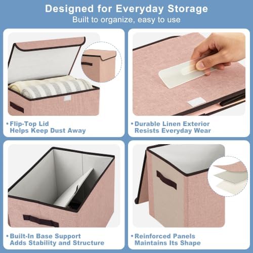 Bagnizer Linen Fabric Foldable Storage Cube Bin Organizer Basket with Flip-Top Lid & Handles, Large Clothes Blanket Box for Home, Office, Closet, Gray & Pink, 4 Pack 14.6 x 9.5 x 9.5” - Image 6