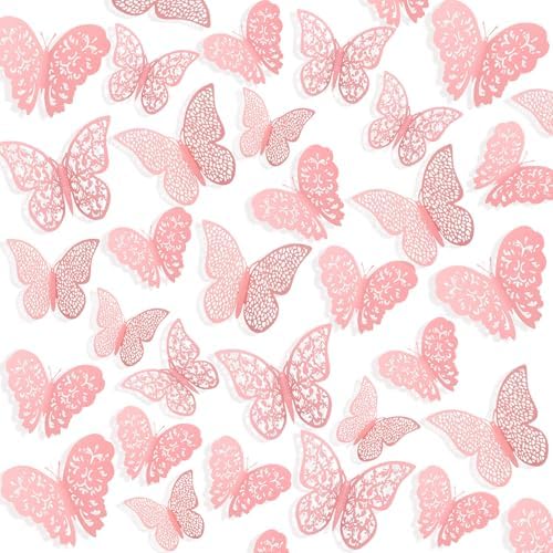 Bememo 72 Pcs 3D Butterfly Wall Decals, 3 Sizes,Light Pink | Metallic Hollow Design for Bedroom Living Room, Removable Adhesive Wall Decor, Easy Peel Stick Party Decoration Stickers by Bememo