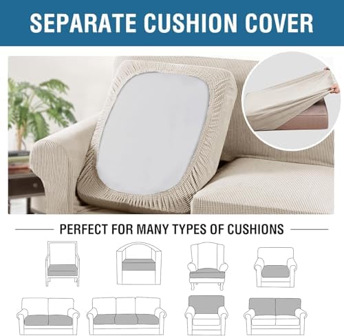 H.VERSAILTEX 4 Piece Stretch Sofa Covers for 3 Cushion Couch Covers for Living Room Furniture Slipcovers (Base Cover Plus 3 Seat Cushion Covers) Thicker Jacquard Fabric (Large Sofa, Island Fossi) - Image 5