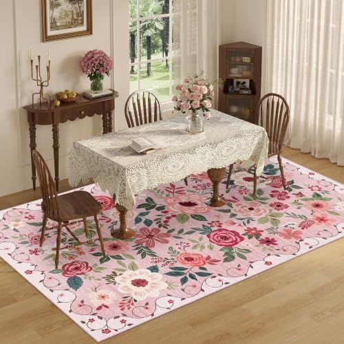 DUKINO 5x8 Area Rug for Bedroom, Soft Floral Washable Rug Non Slip, Pink - Image 5