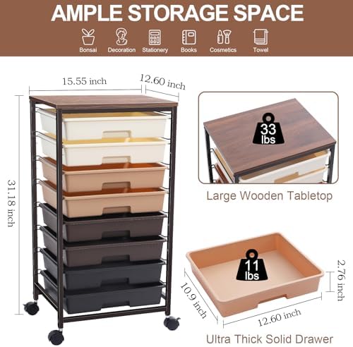 SYKIARIOL Rolling Cart with Drawers, 8 Drawers Utility Cart, Brown Gradient - Image 2