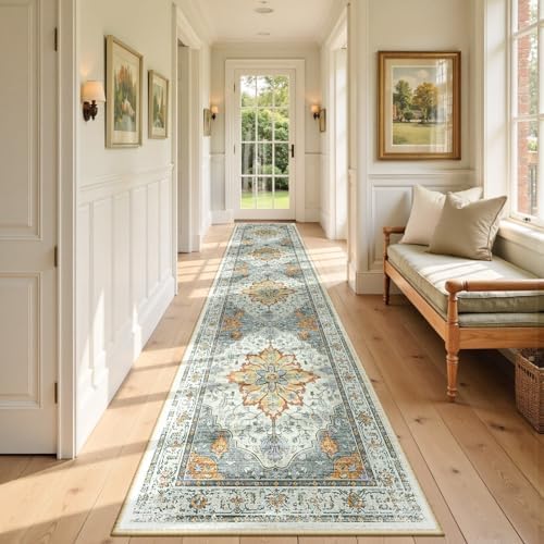 RELEANY Washable Area Rug, Runner 2'6"x14', Beige/Carbon Grey/Orange by RELEANY