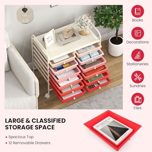 Giantex 12 Drawers Rolling Cart, Mobile Storage Drawer Cart, Classroom Organizer Cart for Office School Supplies Tools Scrapbook Paper Craft Small Printer, Utility Cart on Wheels, Pink Gradient - Image 7