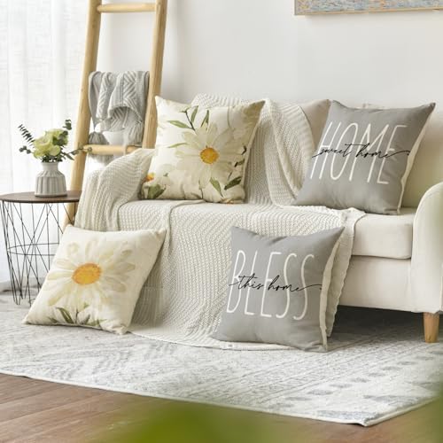 AVOIN colorlife Home Sweet Home Spring Summer Flowers Throw Pillow Covers, 18 x 18 Inch Grey Cushion Case for Sofa Couch Set of 4 - Image 2