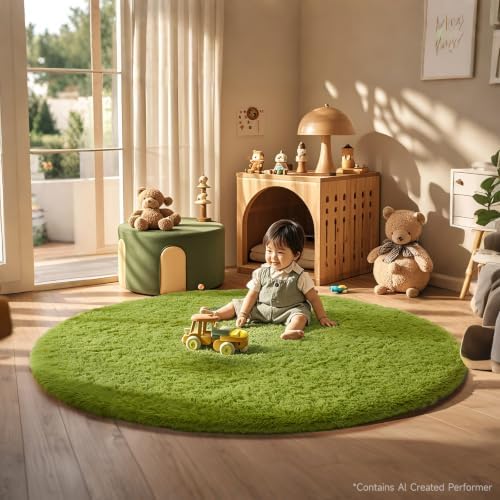 Ophanie Round Rug 6Ft Green Circle Area Rug, Green Room Decor, Fluffy Fuzzy Bedroom Carpet, Plush Soft Shaggy Living Room Rugs for Kids Home Decor Aesthetic, Nursery by Ophanie