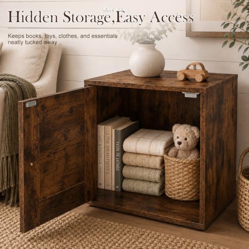 15" H x 15" W x 11.75" D Stackable Cube Storage Organizer with Door, Brown Modular Cubby Storage Bin with Non-Slip Pads, Wooden Cube Bookshelf Shelf for Bedroom, Living Room, Kitchen and Office - Image 5