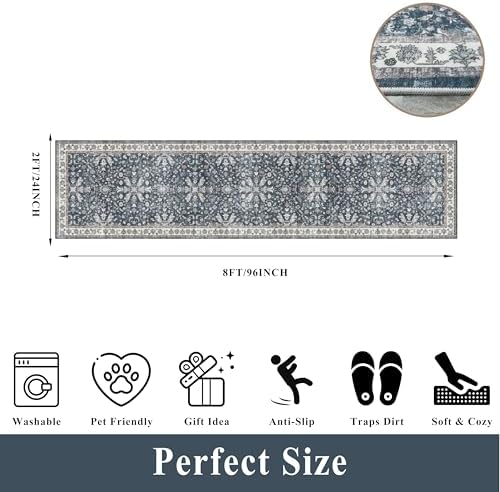 2x8ft Washable Non Slip Kitchen Rugs – Boho Floral Stain-Resistant Low-Pile Floor Carpet Runner for Hallway, Bathroom, Bedroom, Entryway (Blue, 2x8) - Image 2