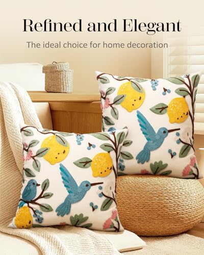 Embroidered Throw Pillow Covers 18x18 Inch, 2Pack, Bird Lemon - Image 5