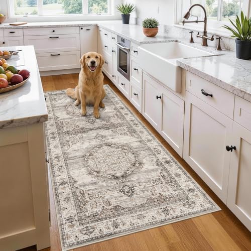 Washable Hallway Runner Rugs 3x6: Soft Ultra Thin Low Pile Carpet Machine Washable Indoor Lightweight Rug Runner Anti Slip Backing Rugs for Living Room Bedroom Kitchen 3'x6' Beige by YOUFORTONG