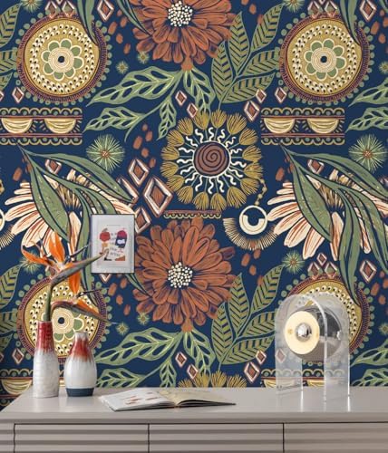 HAOKHOME Boho Peel and Stick Wallpaper Green Floral Bathroom 17.3inx 32.8ft | Large Roll Renter Friendly Removable Waterproof Stick on Textured Wall Paper Navy Orange Vintage Bedroom Accent Wall Decor - Image 6