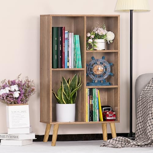 LEYAOYAO 5 Cube Bookshelf, Mid-Century Modern Book Shelf with Legs, Oak - Image 2
