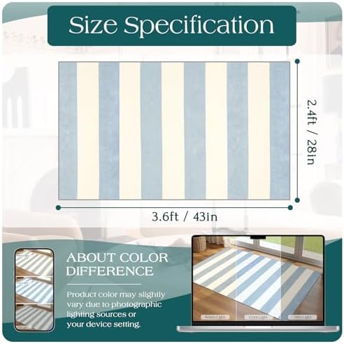 Blue White Striped Outdoor Rug - 28" x 43" Front Door Mat Indoor Outside Entrance Non-Slip Washable Summer Welcome Mat for Front Door Coastal Rug for Entryway Kitchen Bedroom Porch Decor - Image 2