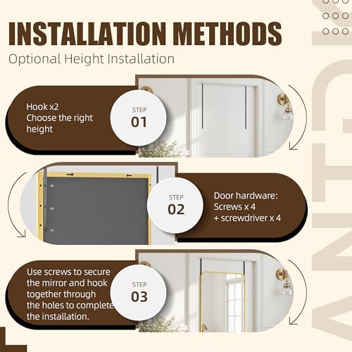 Antok Over The Door Mirror Full Length, 49'' x 14''Wall Mounted Hanging Mirror, Aluminum Alloy Frame, Shatterproof Glass, No Drill Installation for Bedroom, Closet, Bathroom, Dorm, Round Corner,Gold - Image 6
