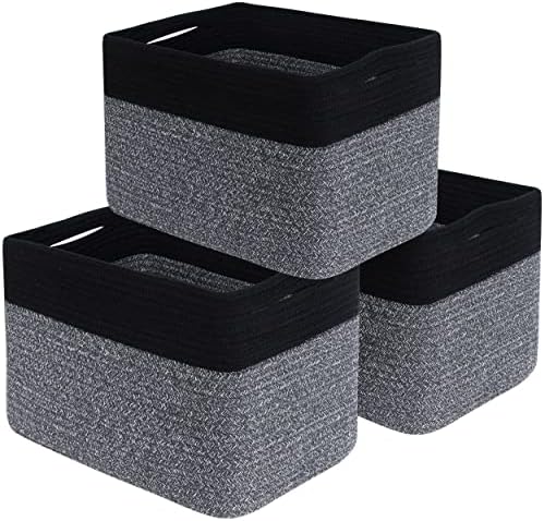 MINTWOOD Design 3-Pack Storage Baskets for Shelves, Playroom and Classroom Storage Basket, Book Basket, Decorative Storage Cube Bins, Woven Closet Organizers, Pantry and Shoe Organizer, Black Grey Mix by MINTWOODDesign