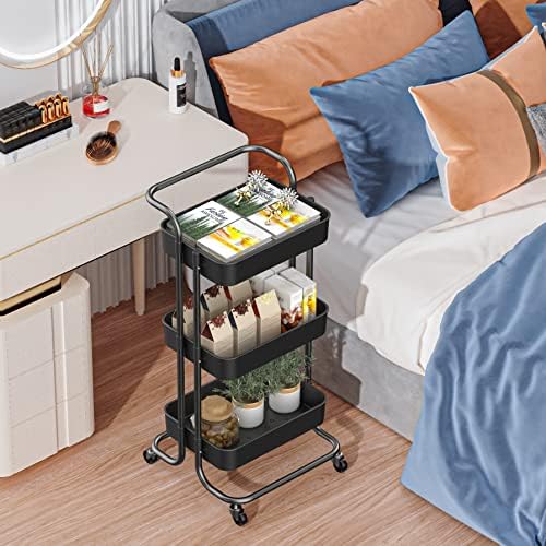 Sooyee 3 Tier Metal Utility Cart with Handle and Lockable Wheels, Black - Image 4