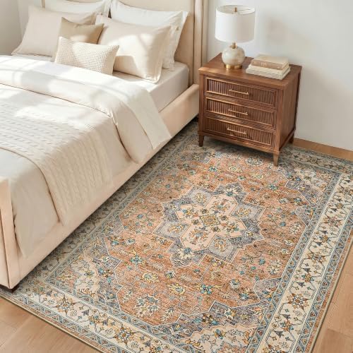 Hanples 5x7 Area Rugs for Living Room, Washable Rug Vintage Floral, Camel - Image 4