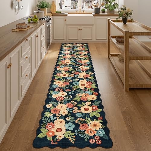 DUKINO 2.6x12 Washable Runner Rug, Floral Non Slip Kitchen Rug, Navy Blue - Image 7