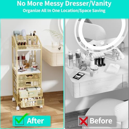 HapiRm Makeup Organizer Storage Cart - Floor Skincare Make Up Storage with 4 Drawers, Rolling Makeup Cart Vanity Organizer Cosmetics Display Cases Holder for Skin Care Perfume Nail Polish, Gold - Image 4