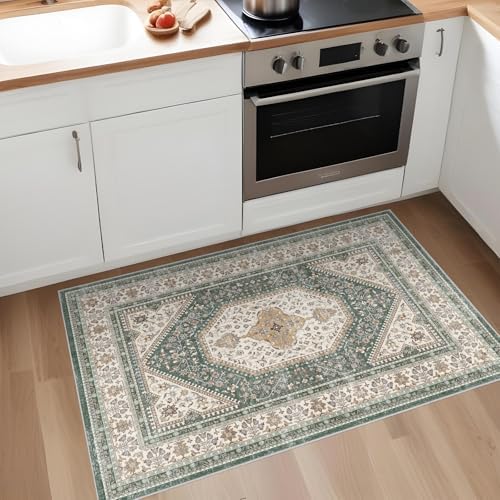 2x3 Washable Entryway Area Rug - Non-Slip Boho Throw Rugs Green Beige - Image 7