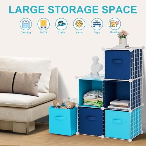 Leinuosen 6 Cube Storage Organizer with 6 Foldable Fabric Storage Bins, Metal Wire Grid Shelves, Stackable Modular Closet Organizer for Bedroom Living Room Office Toys Books(White,Blue) - Image 6