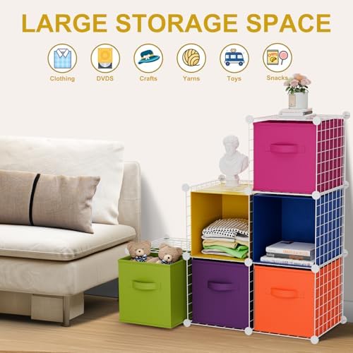 Leinuosen 6 Cube Storage Organizer with 6 Foldable Fabric Storage Bins, Metal Wire Grid Shelves, Stackable Modular Closet Organizer for Bedroom Living Room Office Toys Books(White,Colorful) - Image 5