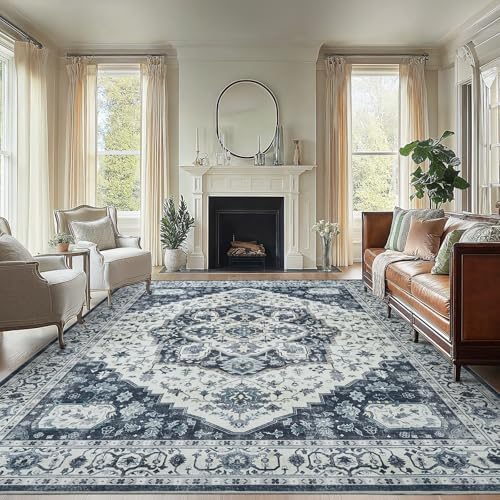 AMADA HOMEFURNISHING 8x10 Area Rug, Washable Low-Profile Large Area Rug with Non-Slip Backing & Durable Edge Binding, Vintage Large Rugs for Living Room, Bedroom by AMADAHOMEFURNISHING