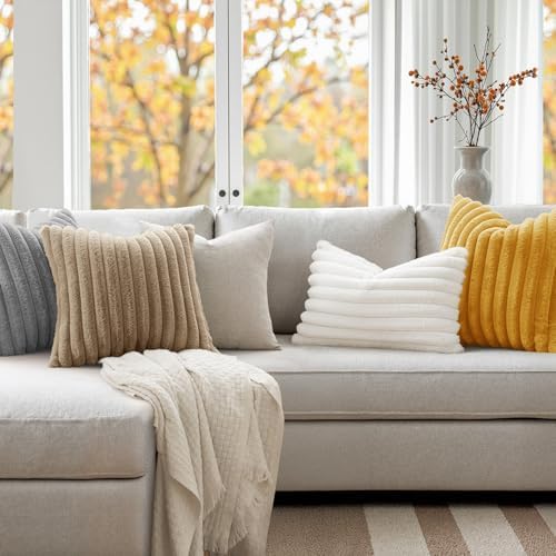 MIULEE Faux Fur Decorative Euro Sham Pillow Covers 24x24 Khaki 2 Pack - Image 2