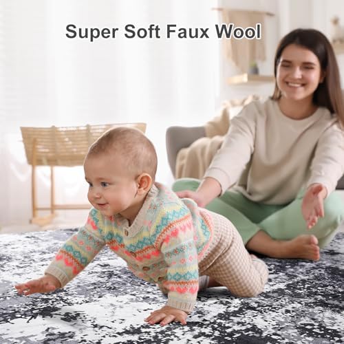 Modern Abstract Area Rug 6x9, Soft Machine Washable Rug for Living Room, Stain Resistant Non Slip Low Pile Foldable Floor Carpet for Bedroom Dining Room Dorm Decor, Black Grey White - Image 4