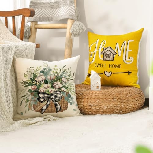 AVOIN colorlife Bless Our Home Farmhouse Eucalyptus Leaves Throw Pillow Covers, 20 x 20 Inch Yellow Truck Home Sweet Cushion Case Decorations Set of 4 - Image 4
