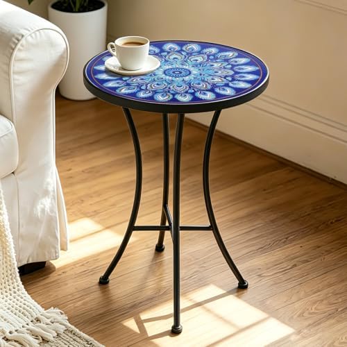 MUMTOP Mosaic Outdoor Side Table, 14" Small Round Patio Accent Table,Blue - Image 4