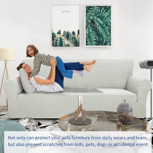 ZNSAYOTX 1 Piece Jacquard Couch Covers for 3 Cushion Couch High Stretch Sofa Cover for Pets Dogs Anti Slip Extra Large Sofa Slipcovers Furniture Protector (X-Large, Ivory) - Image 2