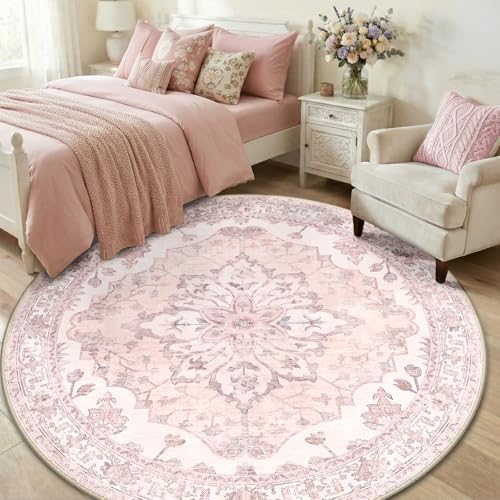 RELEANY Washable Area Rug, Round 6ft, Pink - Image 3