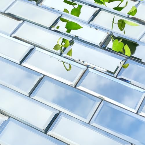 Peel and Stick Beveled Glass Tile. 6x2 Inch Mirror Backsplash Tiles. Cute Mirror Strip Tile for Kitchen, Bathroom Wall. 30 Pcs by XIHACTY
