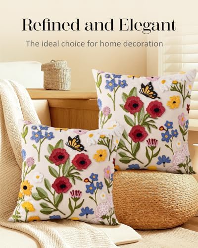 Embroidered Throw Pillow Covers 18x18 Inch, 2Pack, Retro Flower - Image 5